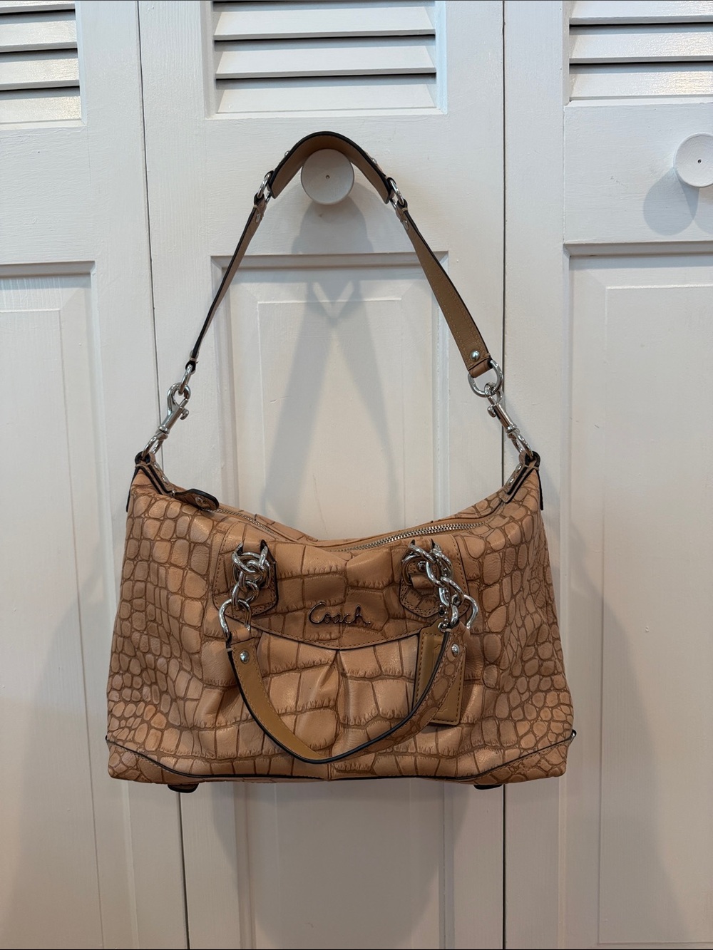 Coach Tan Croc-Embossed Leather Shoulder Bag with Silver Hardware